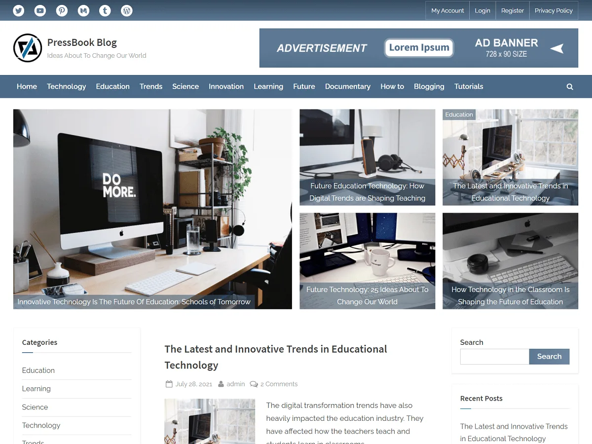 PressBook Blog web sitesi teması önizlemesi