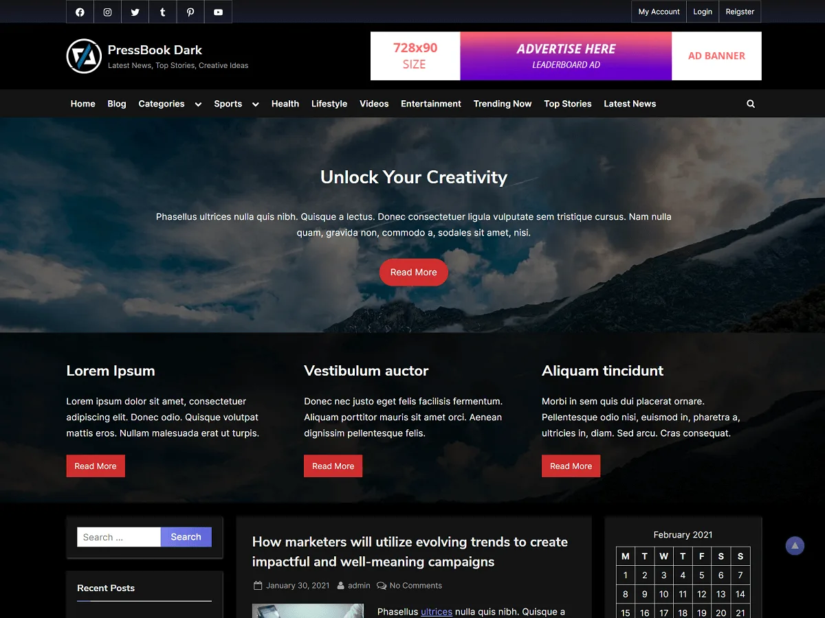 PressBook Dark web sitesi teması önizlemesi