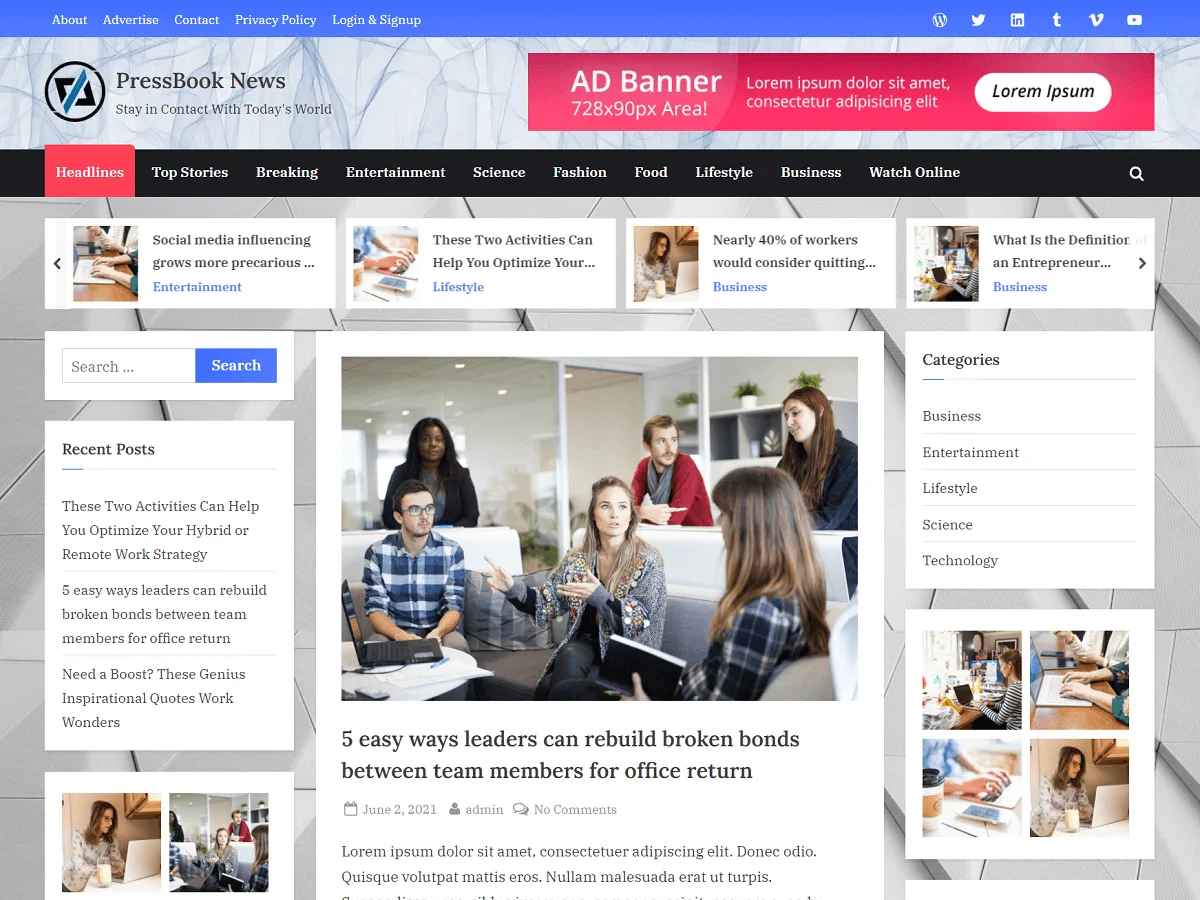PressBook News web sitesi teması ile haber ve blog siteleri için modern tasarım