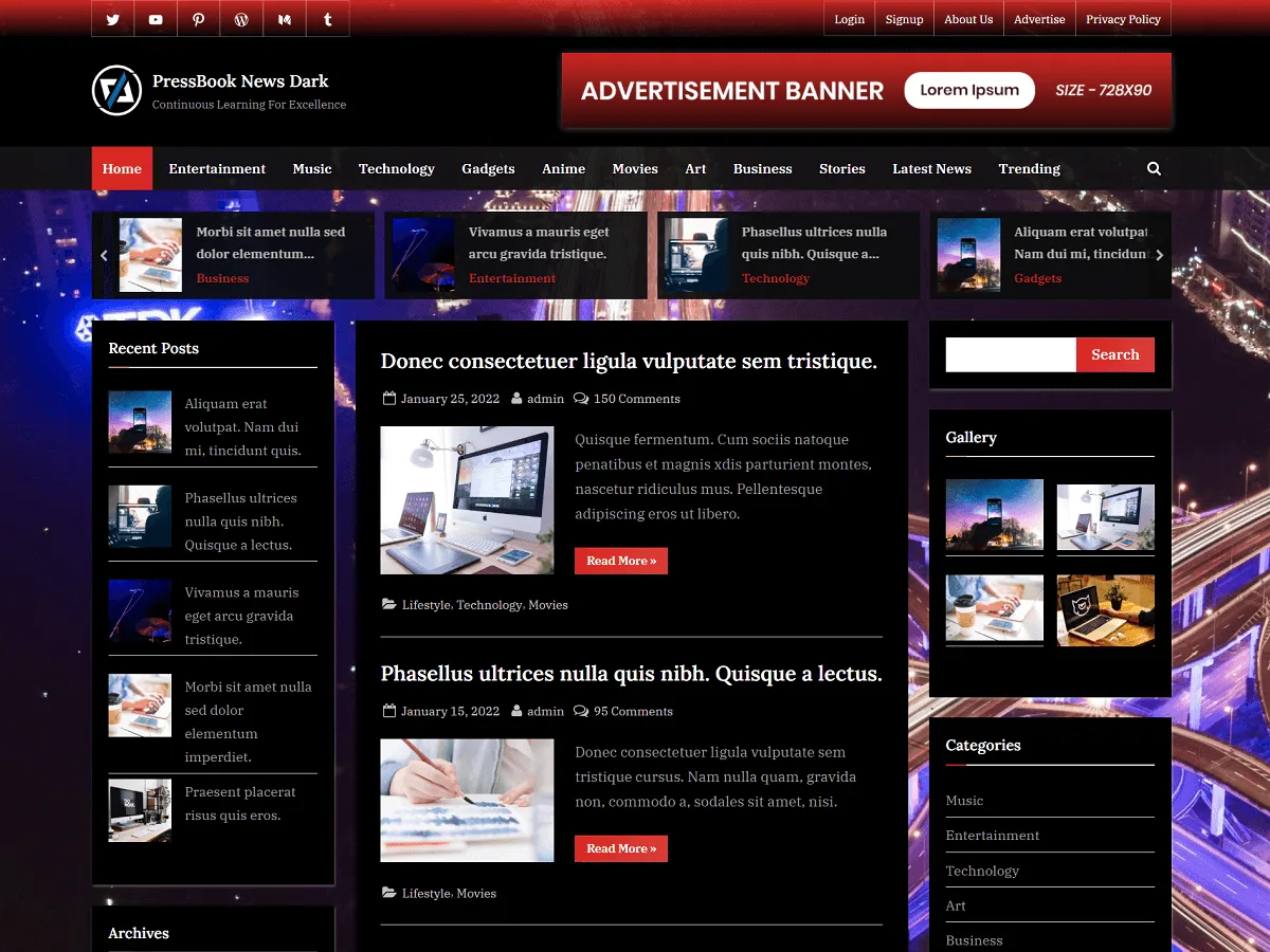 PressBook News Dark web sitesi teması koyu tasarım önizlemesi
