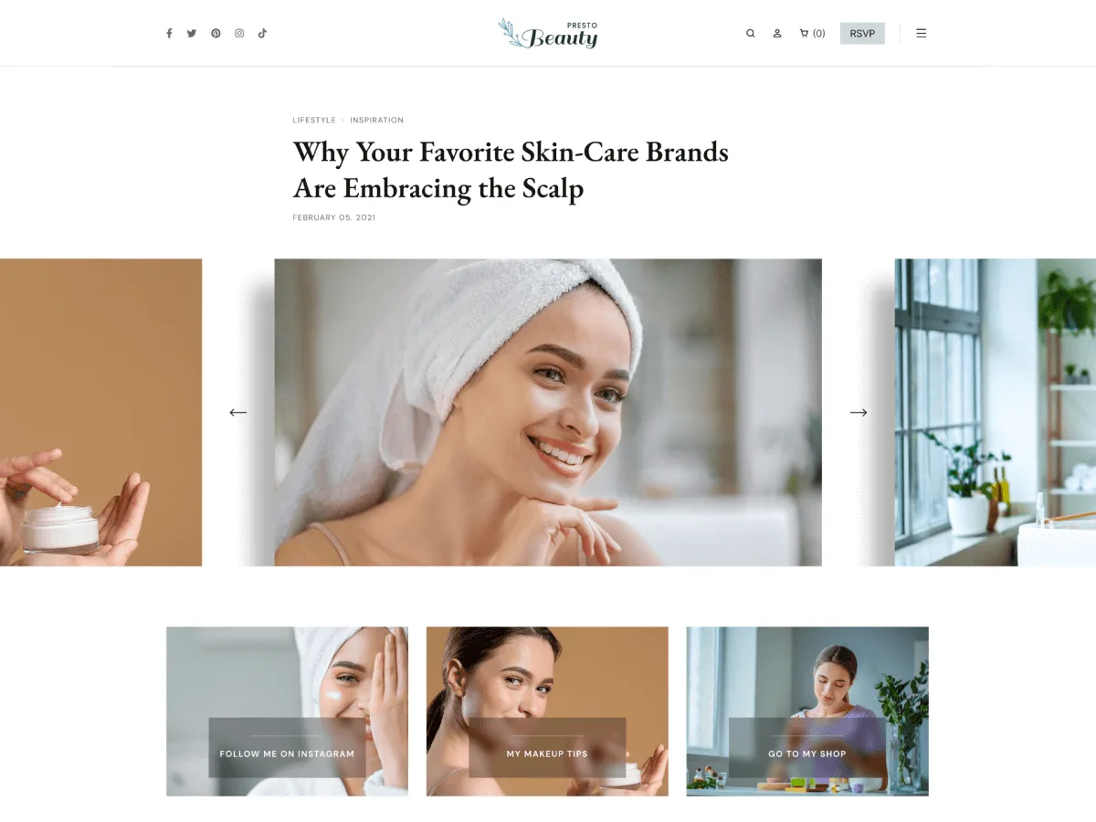 Presto Beauty web sitesi teması ile oluşturulmuş zarif bir web sitesi görünümü