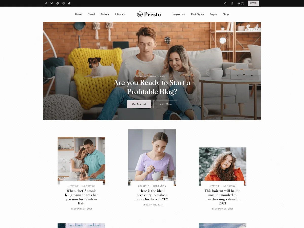 Presto Blog web sitesi teması ile seyahat ve yaşam tarzı blogu tasarımı