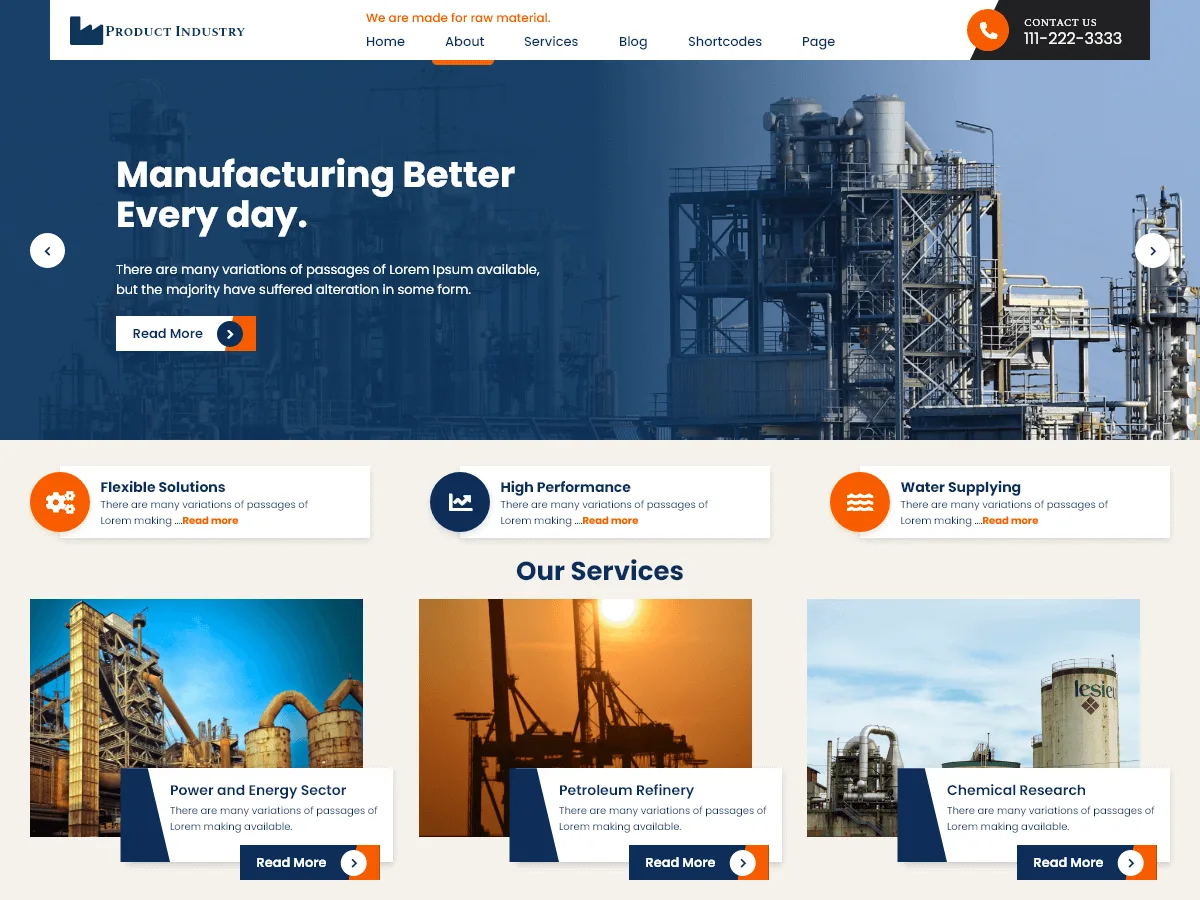 Product Industry web sitesi teması endüstriyel sektörler için tasarım örneği