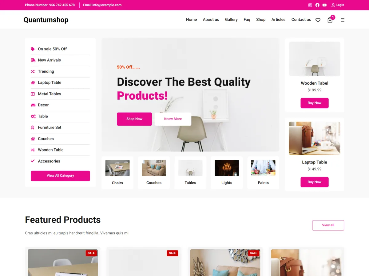 Quantumshop web sitesi teması ile modern bir çevrimiçi mağaza görünümü
