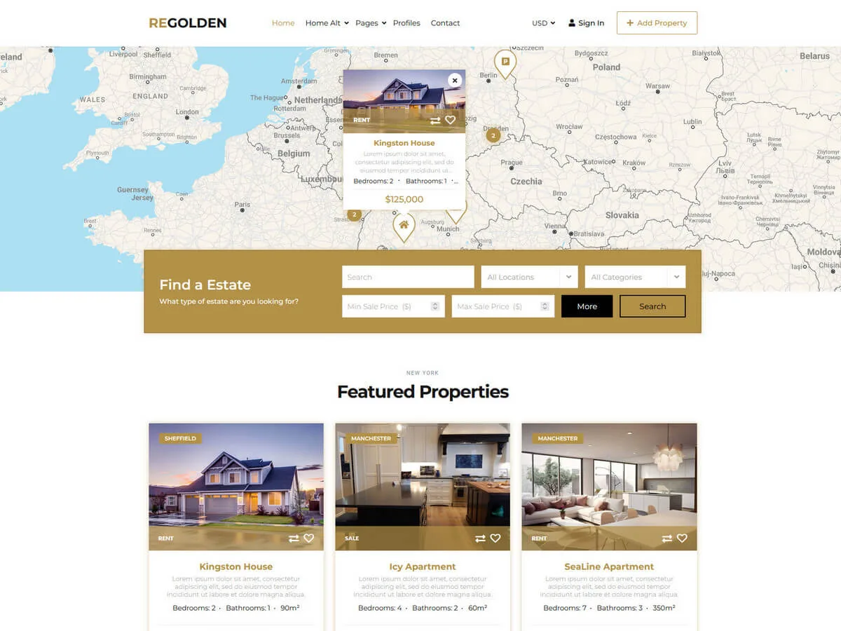 Real Estate Golden emlak web sitesi teması önizlemesi