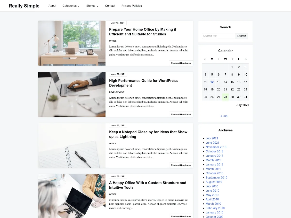 Really Simple teması ile tasarlanmış sade ve hızlı bir blog web sitesi görünümü