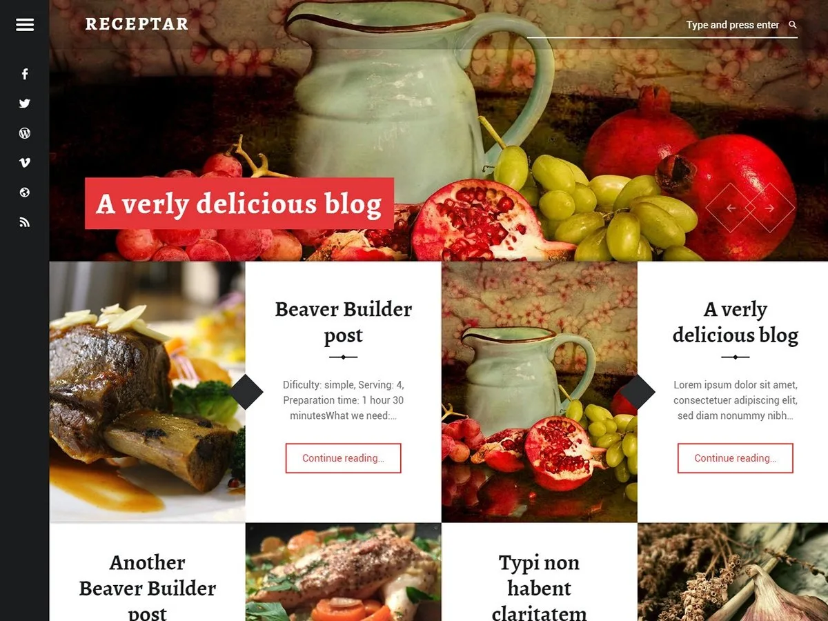 Receptar web sitesi temasının bölünmüş ekran kitap benzeri tasarımı