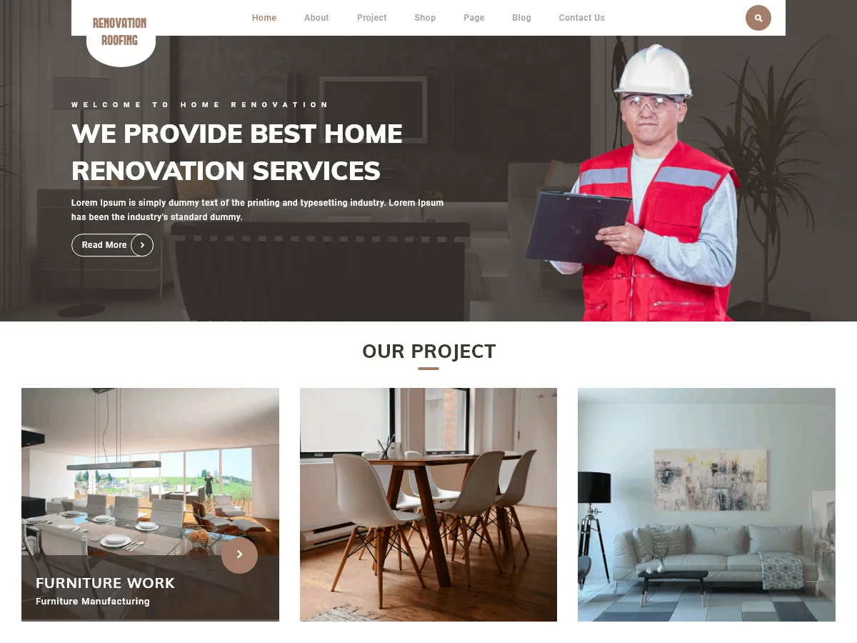 Renovation Roofing web sitesi teması ile çatı ve yenileme projeleri vitrini
