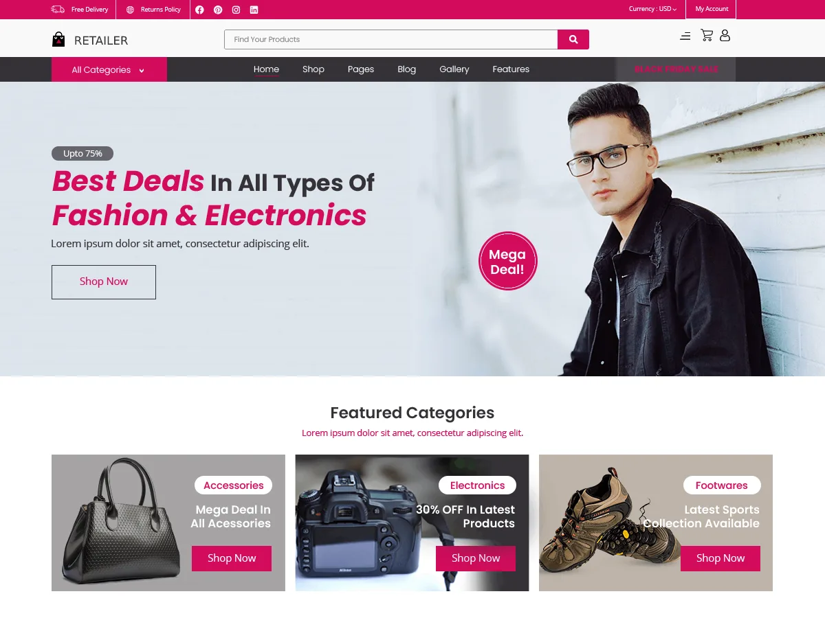 Retailer Market web sitesi teması ile oluşturulmuş profesyonel bir e-ticaret sitesi görünümü