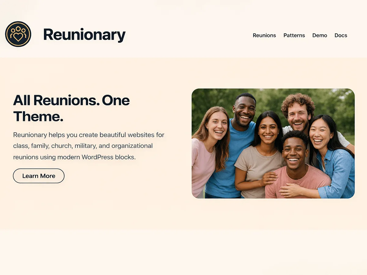 Reunionary web sitesi teması ile oluşturulmuş örnek bir buluşma sitesi görünümü
