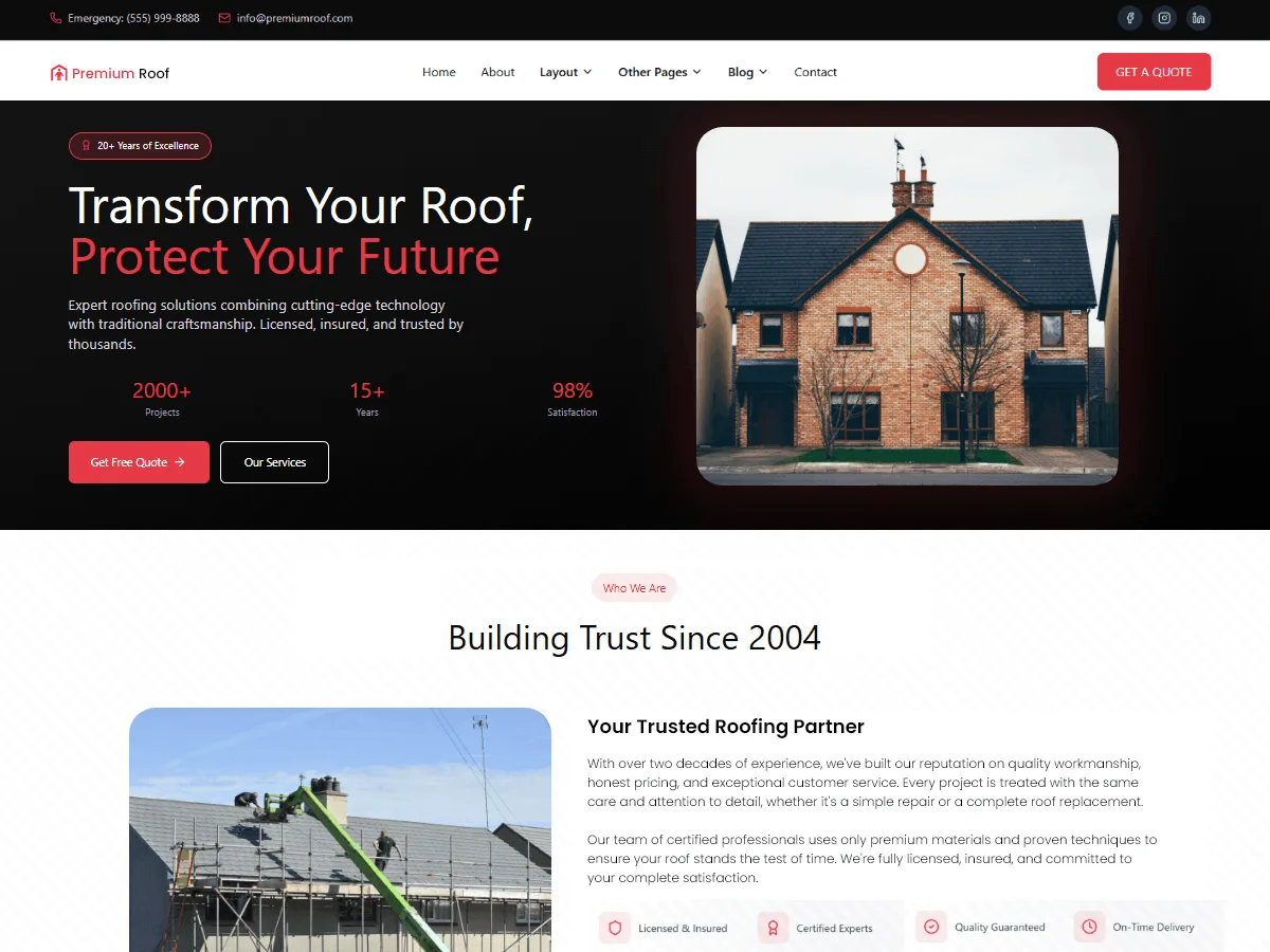 Roofing Company web sitesi teması ile çatı kaplama firması için hazır web sitesi görünümü