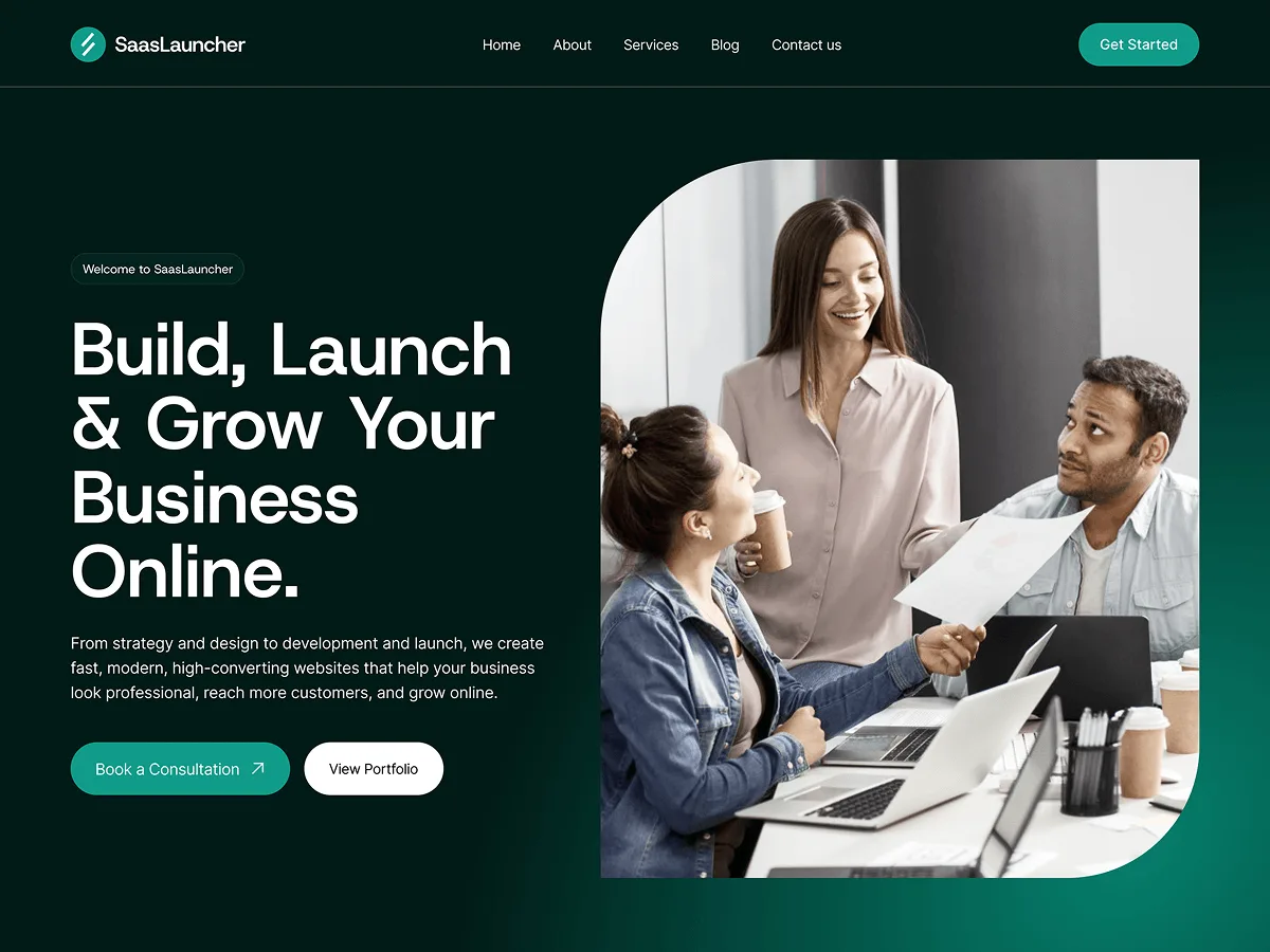 SaasLauncher web sitesi teması ile oluşturulmuş modern bir SaaS web sitesi görünümü