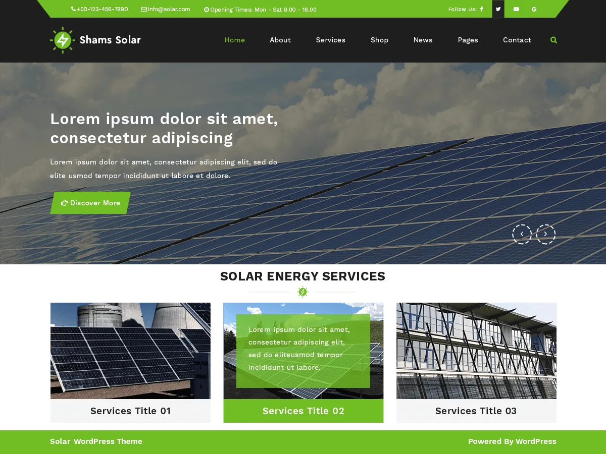 Shams Solar web sitesi teması - yenilenebilir enerji sektörüne yönelik çevre dostu tema