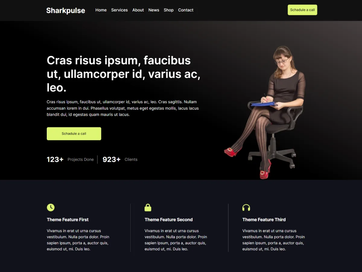 Sharkpulse web sitesi teması ile oluşturulmuş modern ve kentsel bir web sitesi görünümü