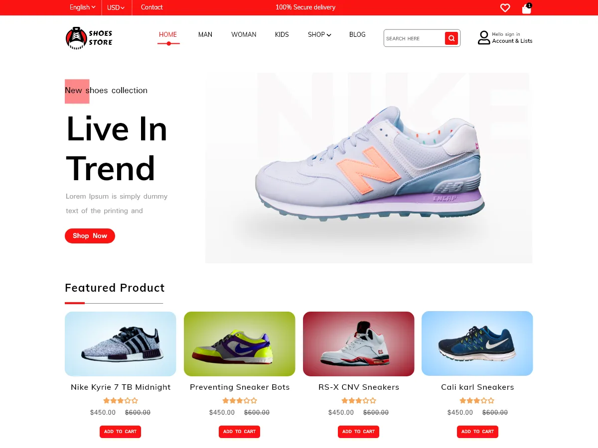 Shoes Store Elementor teması ile oluşturulmuş modern bir ayakkabı mağazası web sitesi