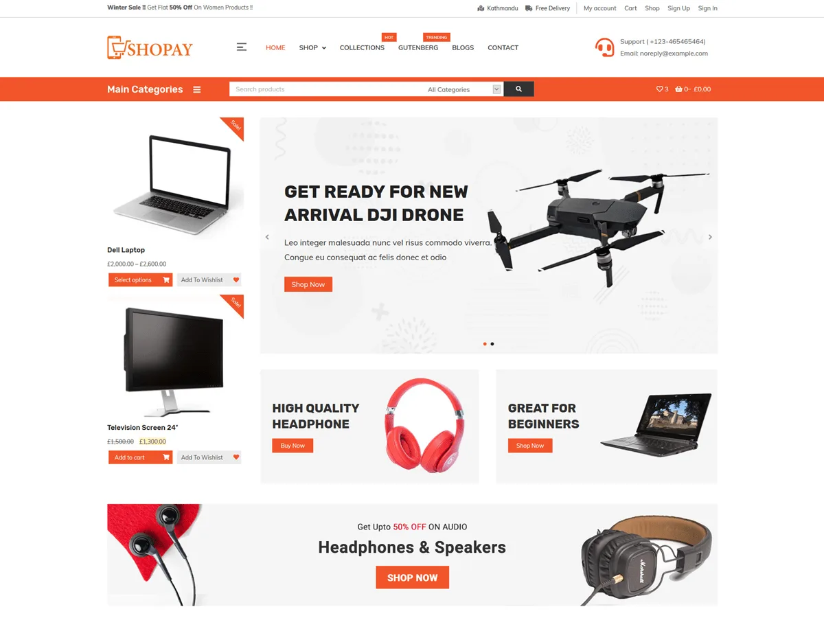 Shopay web sitesi teması ile oluşturulmuş bir e-ticaret sitesi görünümü