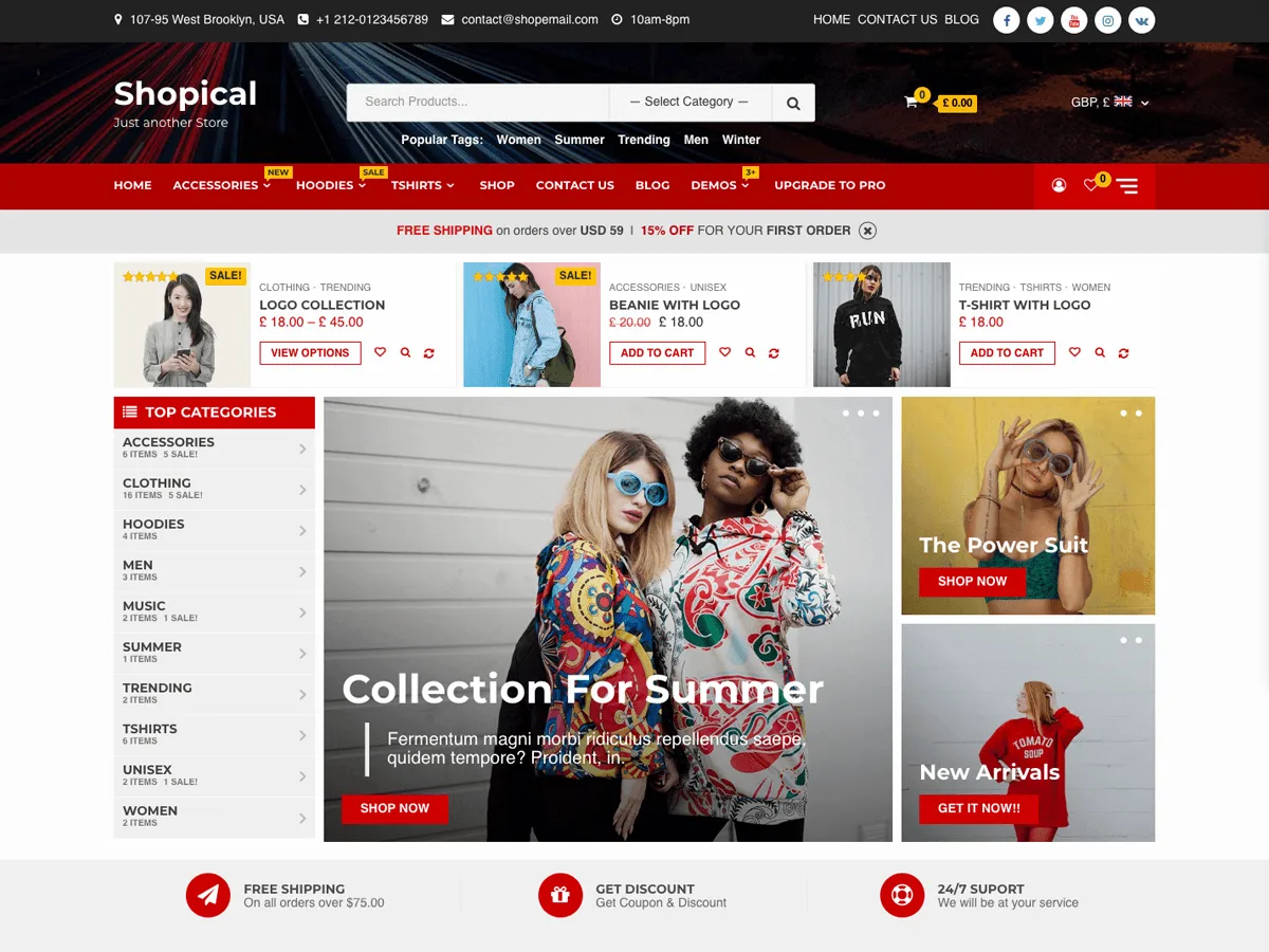 Shopical web sitesi teması ile oluşturulmuş örnek bir e-ticaret sitesi görünümü
