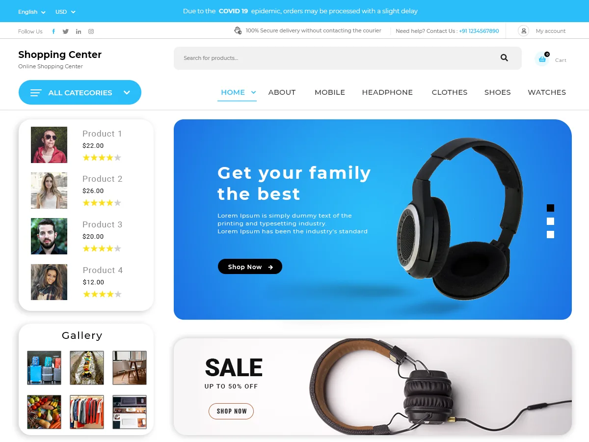 Shopping Solution web sitesi teması ile oluşturulmuş e-ticaret sitesi görünümü
