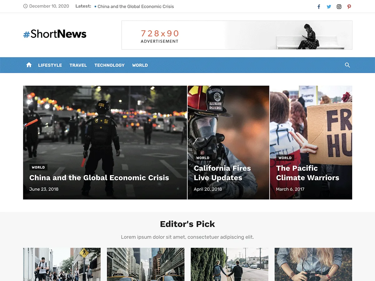 Short News web sitesi teması önizlemesi