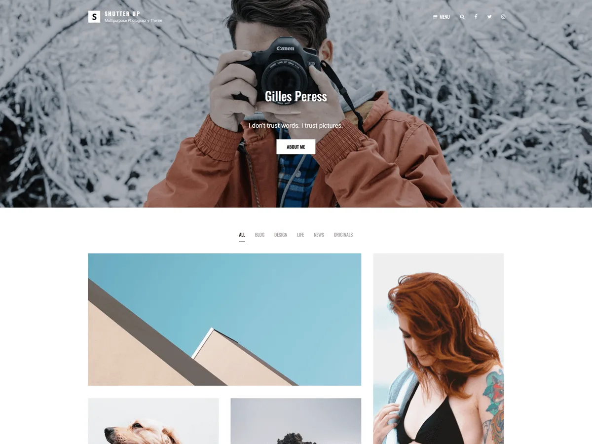 Shutter Up web sitesi teması ile fotoğrafçılık odaklı bir web sitesi görünümü