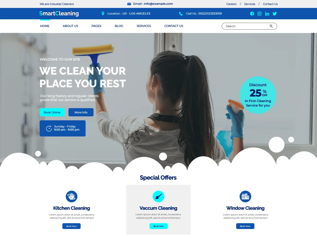 Smart Cleaning web sitesi teması ile temizlik işletmesi için modern bir web sitesi görünümü