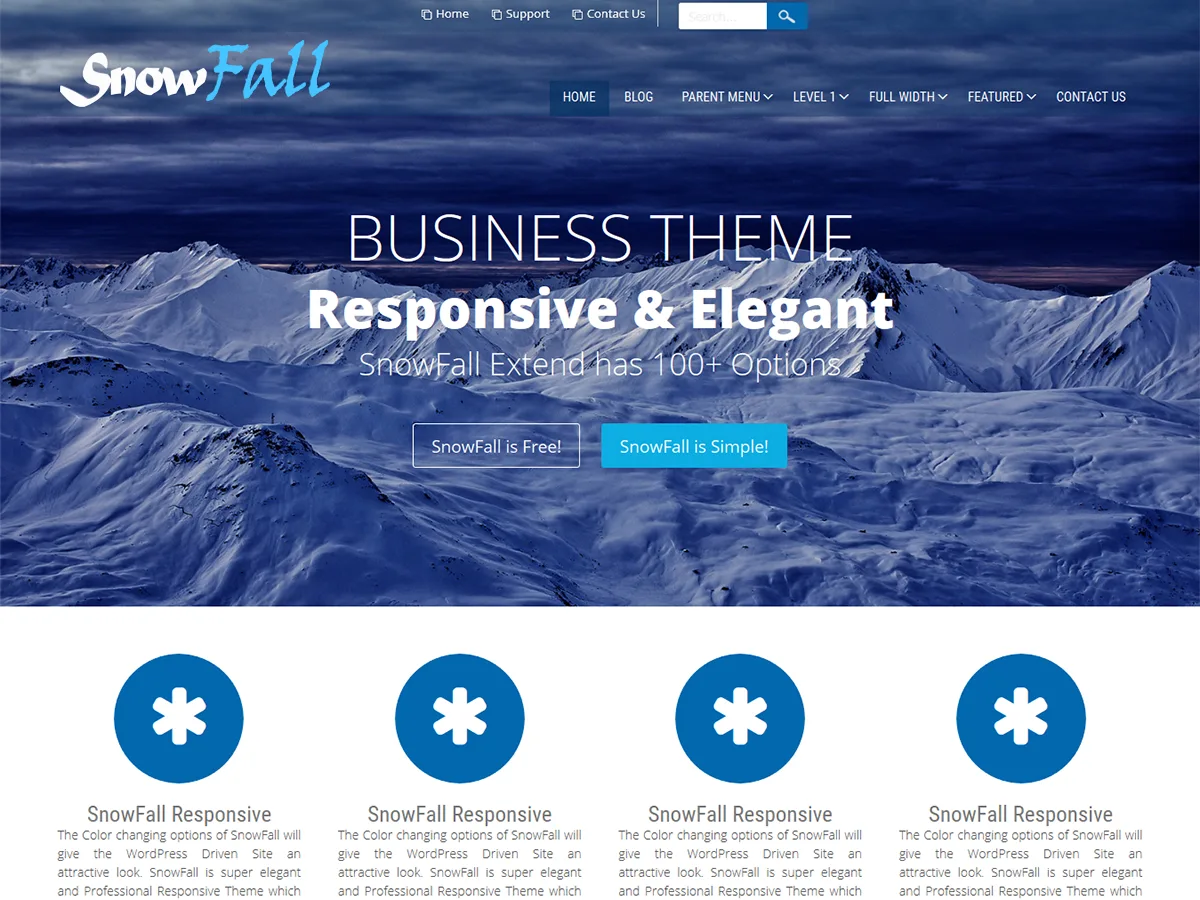 SnowFall web sitesi temasının duyarlı tasarımı ve kurumsal görünümü