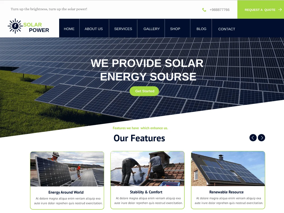 Solar Power web sitesi teması önizlemesi