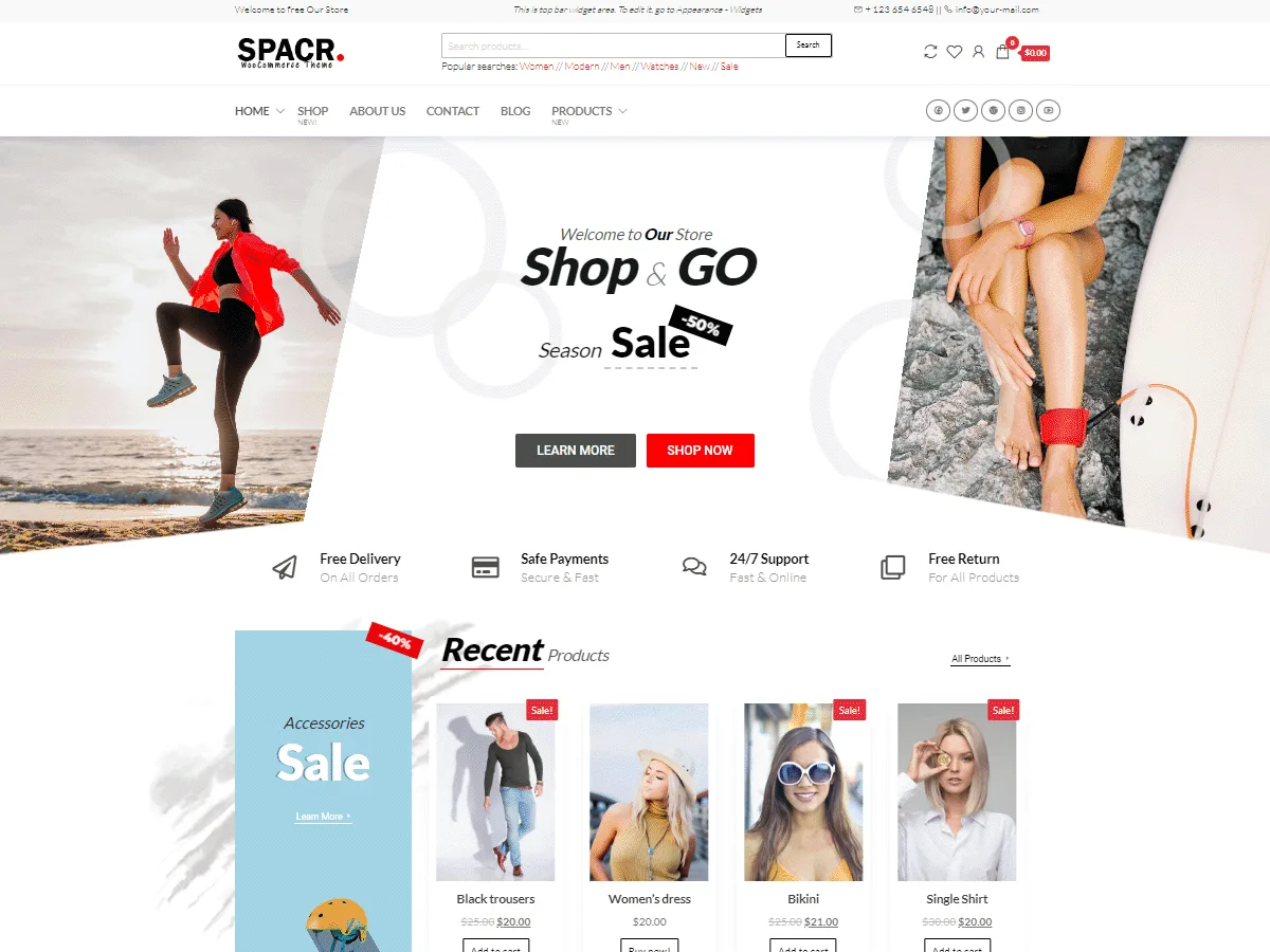 Spacr web sitesi teması ile oluşturulmuş e-ticaret sitesi görünümü
