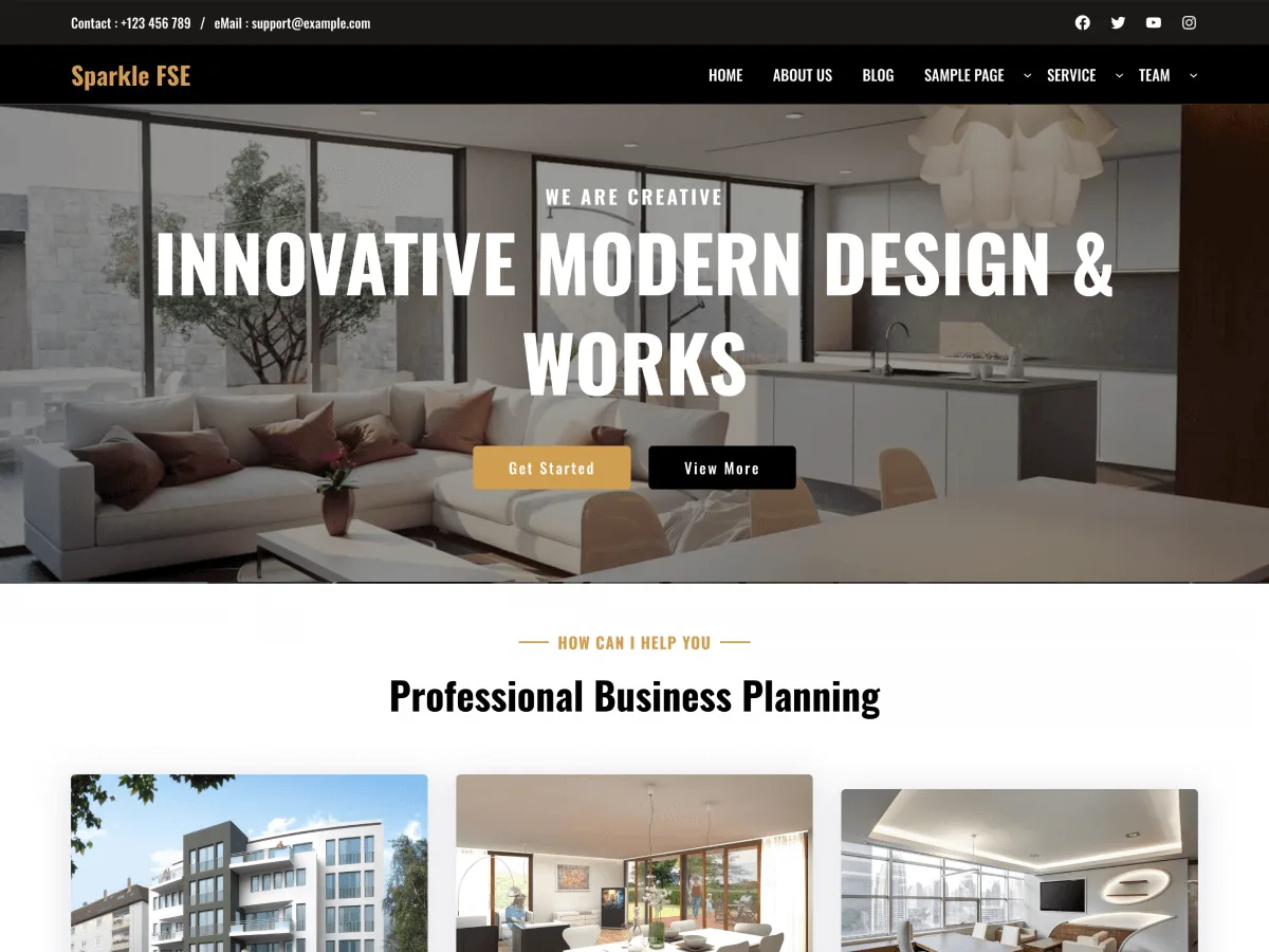 Sparkle FSE web sitesi teması ile oluşturulmuş modern bir web sitesi görünümü