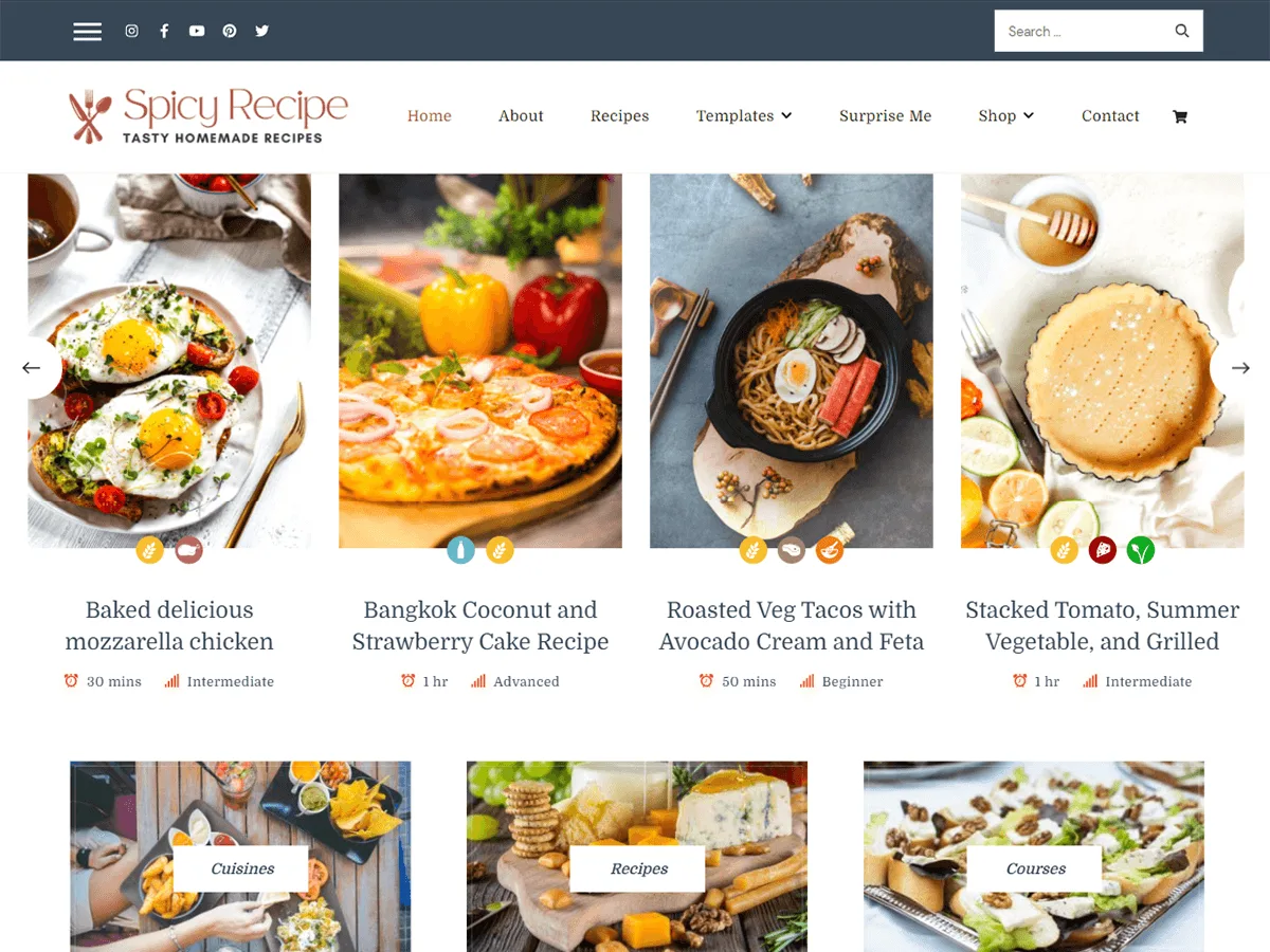 Spicy Recipe web sitesi teması ile yemek tarifi sitesi görünümü