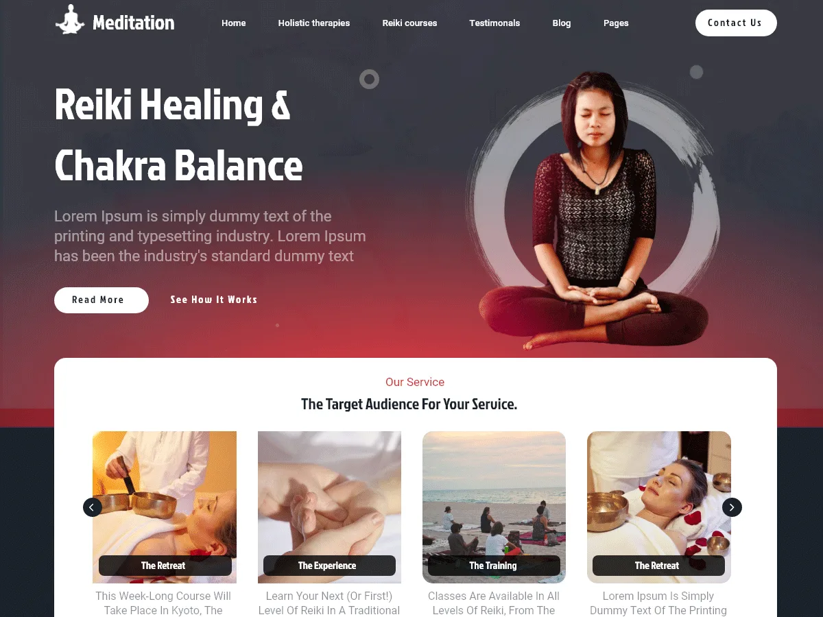 Spiritual Meditation web sitesi teması ile meditasyon eğitmenleri için tasarlanmış sakin bir web sitesi görünümü
