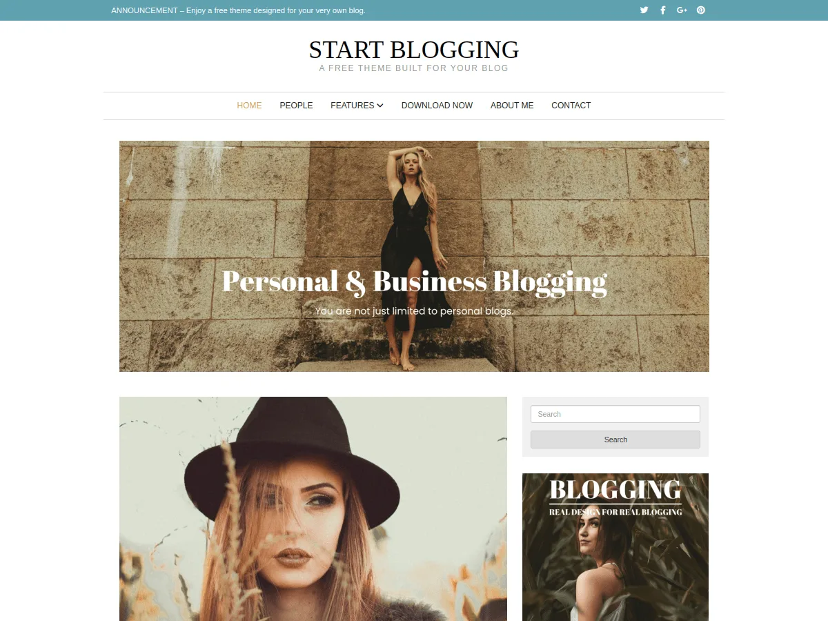 Start Blogging web sitesi teması önizlemesi