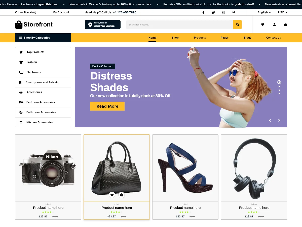 Storefront Ecommerce web sitesi teması ile oluşturulmuş çevrimiçi mağaza görünümü