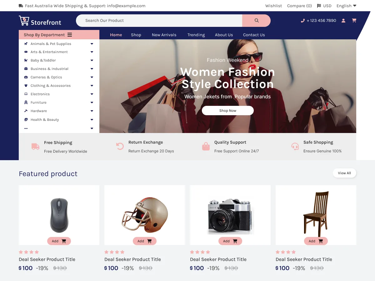 Storefront Eshop e-ticaret teması ile modern bir çevrimiçi mağaza görünümü