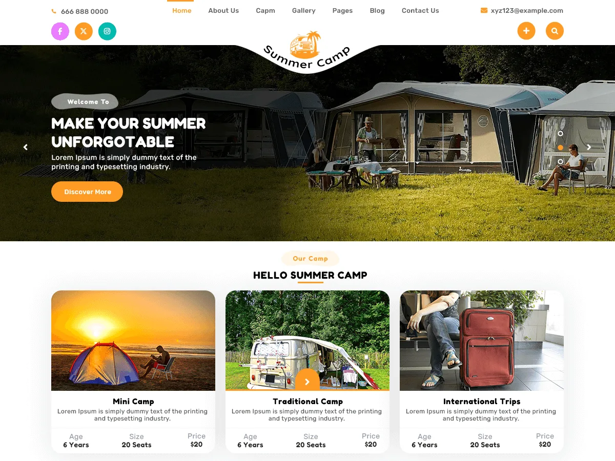 Summer Camp web sitesi teması önizlemesi