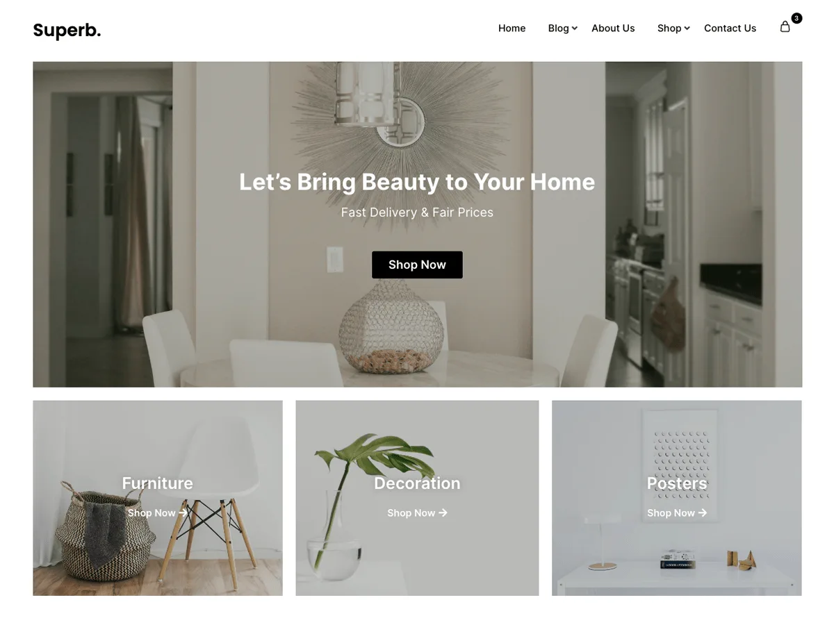 Superb eCommerce web sitesi teması ile online mağaza görünümü