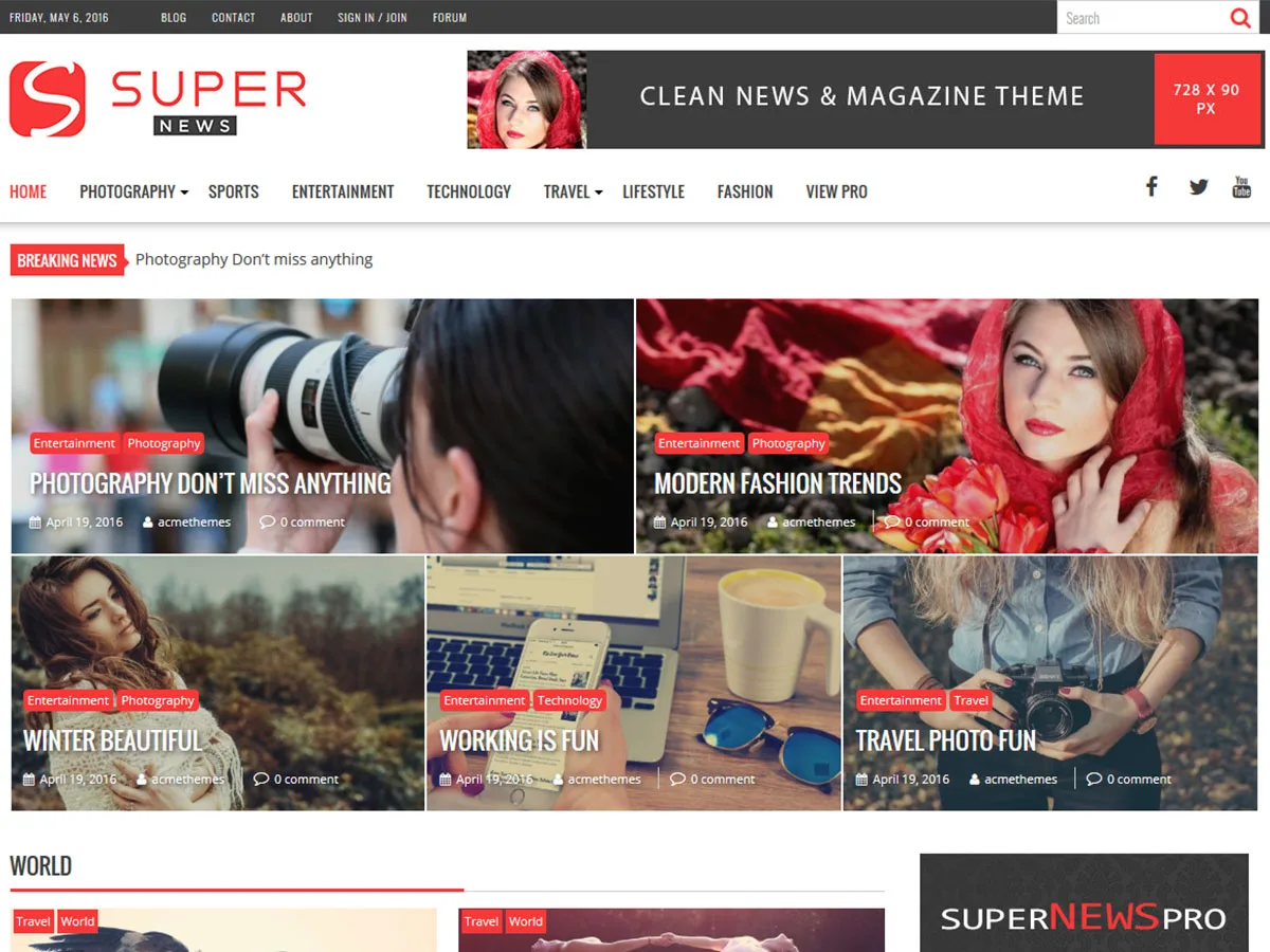 SuperNews web sitesi teması özelleştirilebilir haber ve dergi teması