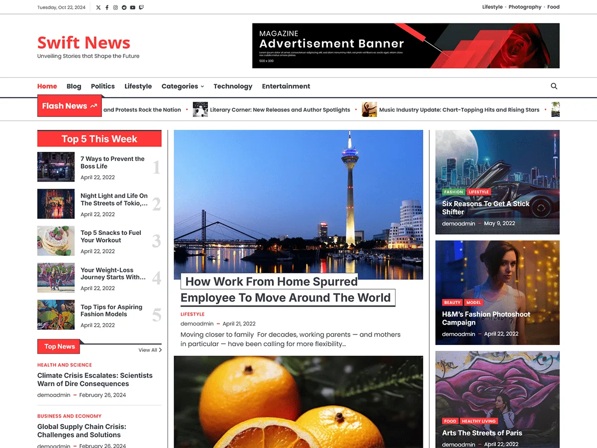 Swift News web sitesi teması önizlemesi