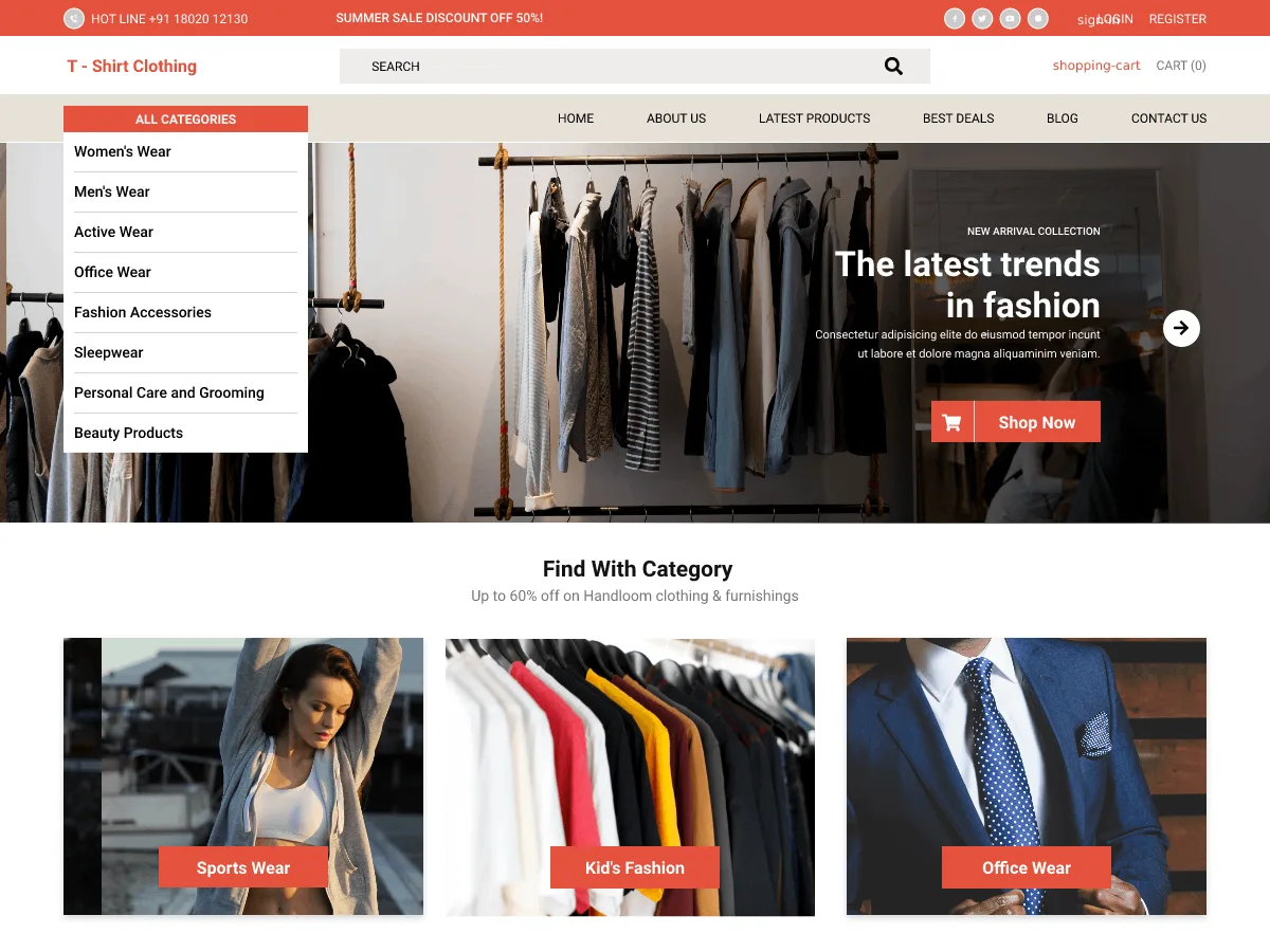 T-Shirt Clothing web sitesi teması ile oluşturulmuş modern bir online giyim mağazası görünümü