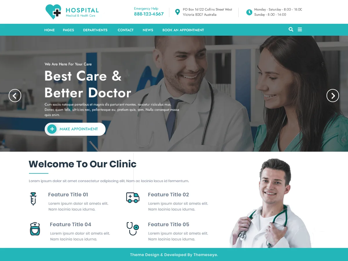 Tabib Hospital web sitesi teması önizlemesi