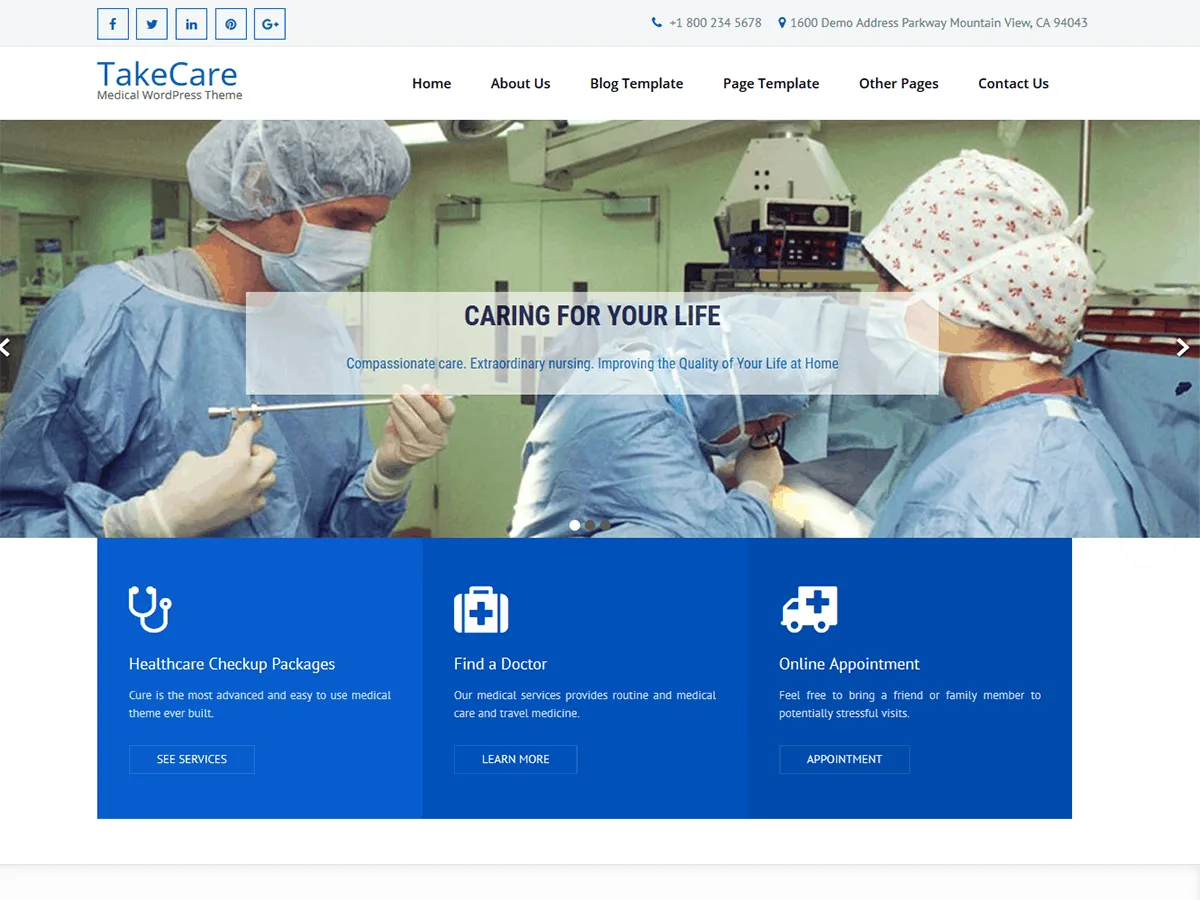 TakeCare web sitesi teması sağlık sektörü için tasarım örneği