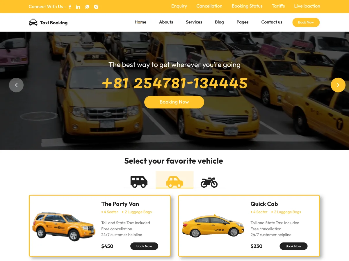 Taxi Booking teması ile taksi ve ulaşım web sitesi tasarımı