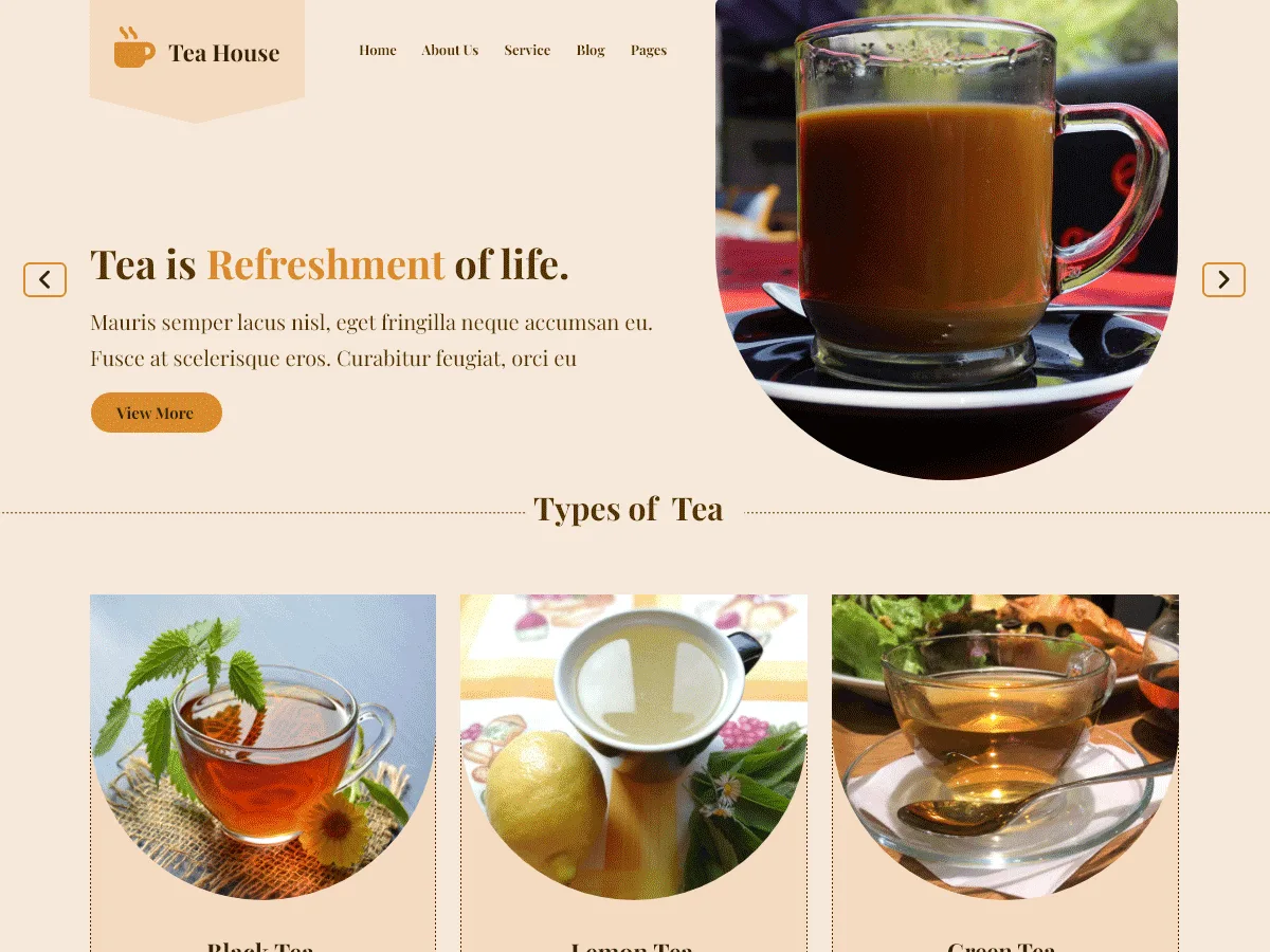 Tea Cafe web sitesi teması ile çay evi, kafe veya çay dükkanı için şık ve duyarlı bir web sitesi görünümü