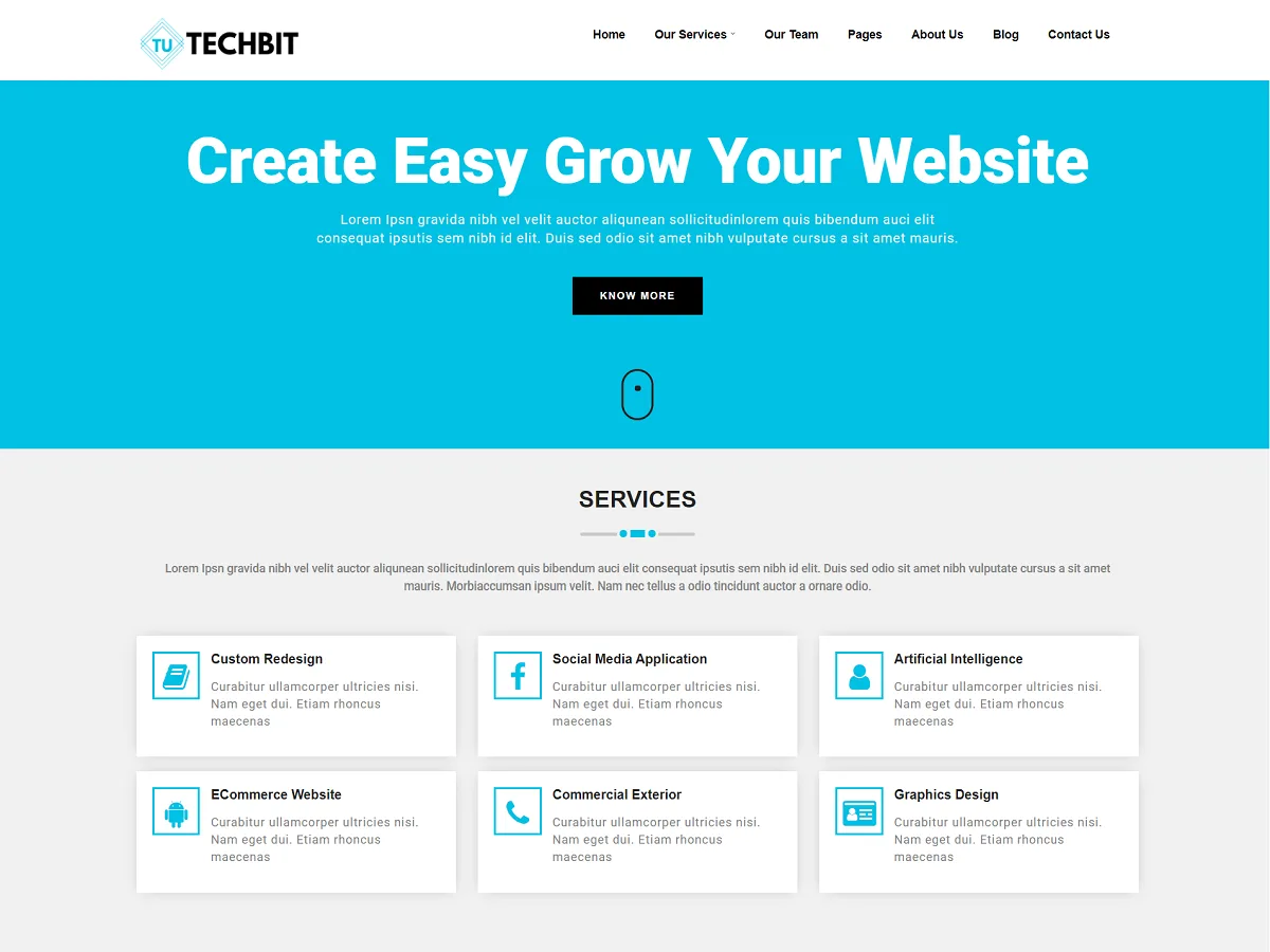 Techbit web sitesi teması ile kurumsal bir web sitesi görünümü