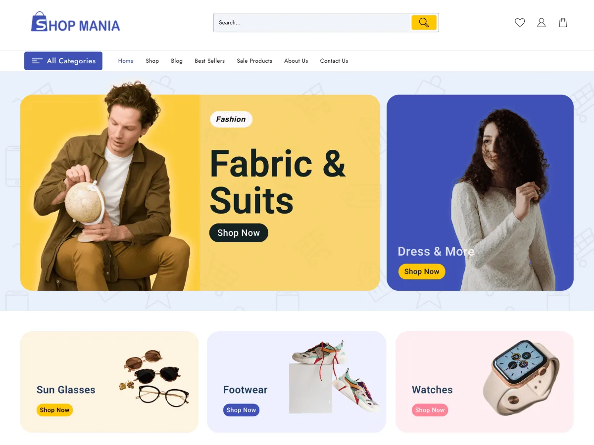 Th Shop Mania web sitesi teması ile oluşturulmuş modern bir çevrimiçi mağaza görünümü