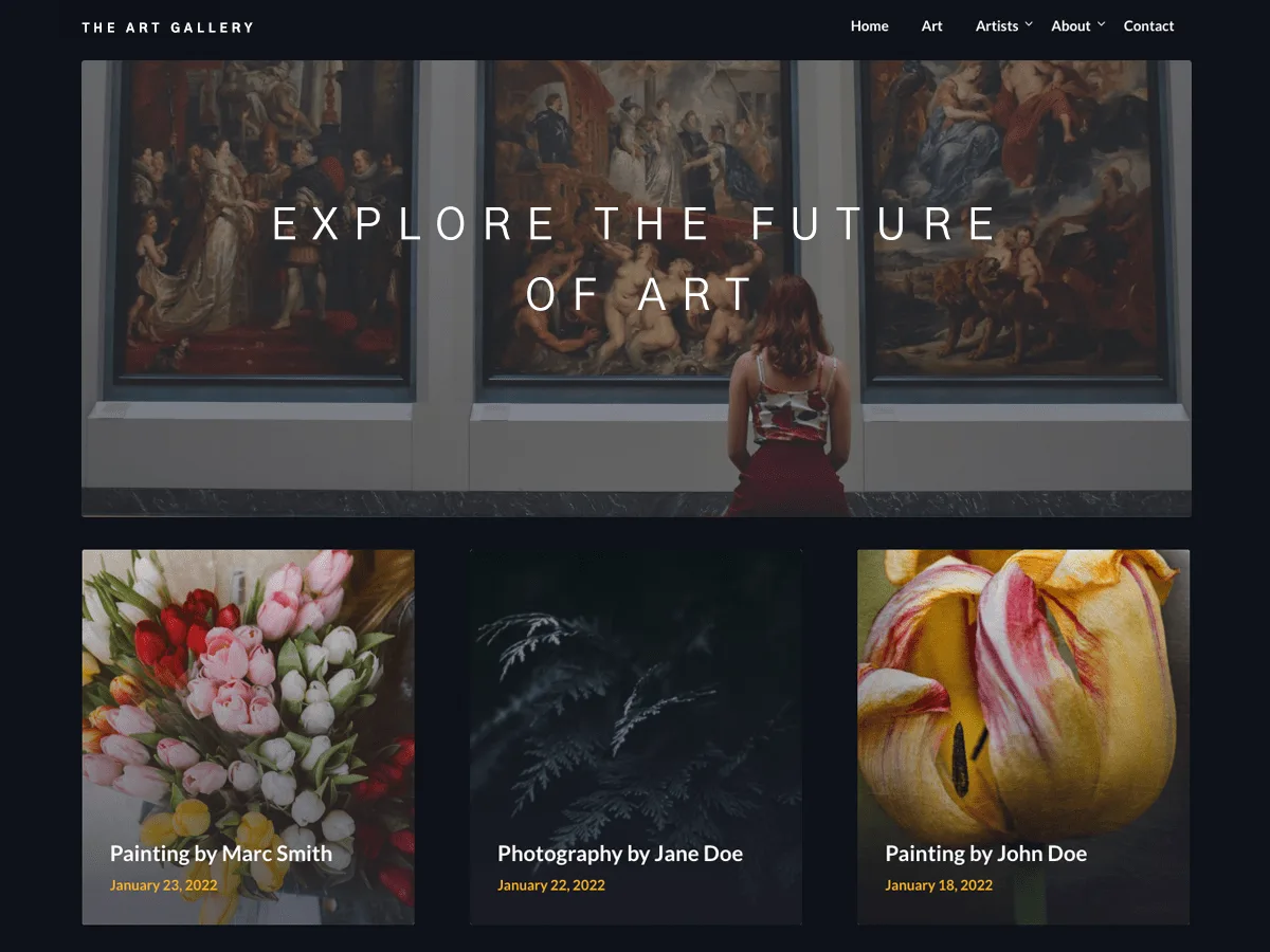 The Art Gallery web sitesi teması ile fotoğraf portfolyosu ve sanat galerisi görünümü