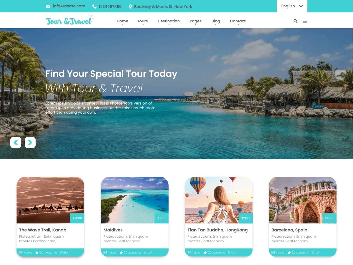 The Travel Booking web sitesi teması önizlemesi