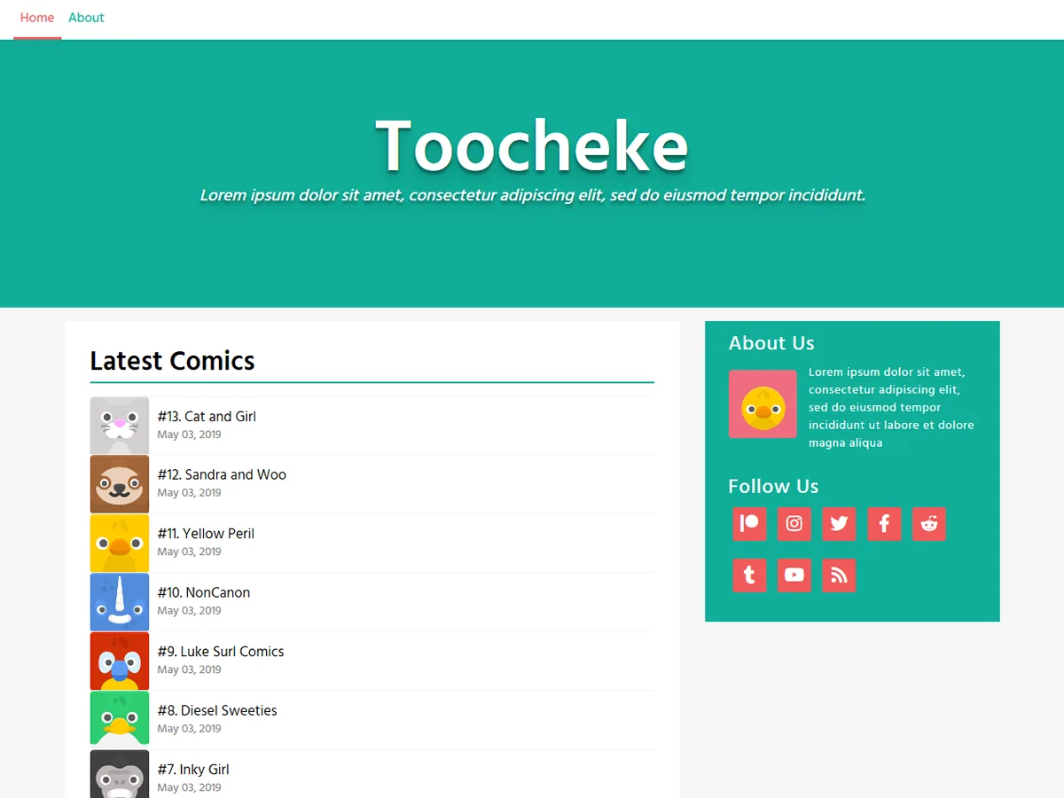 Toocheke web sitesi teması ile webcomic ve manga yayıncılığı için mobil uyumlu tasarım
