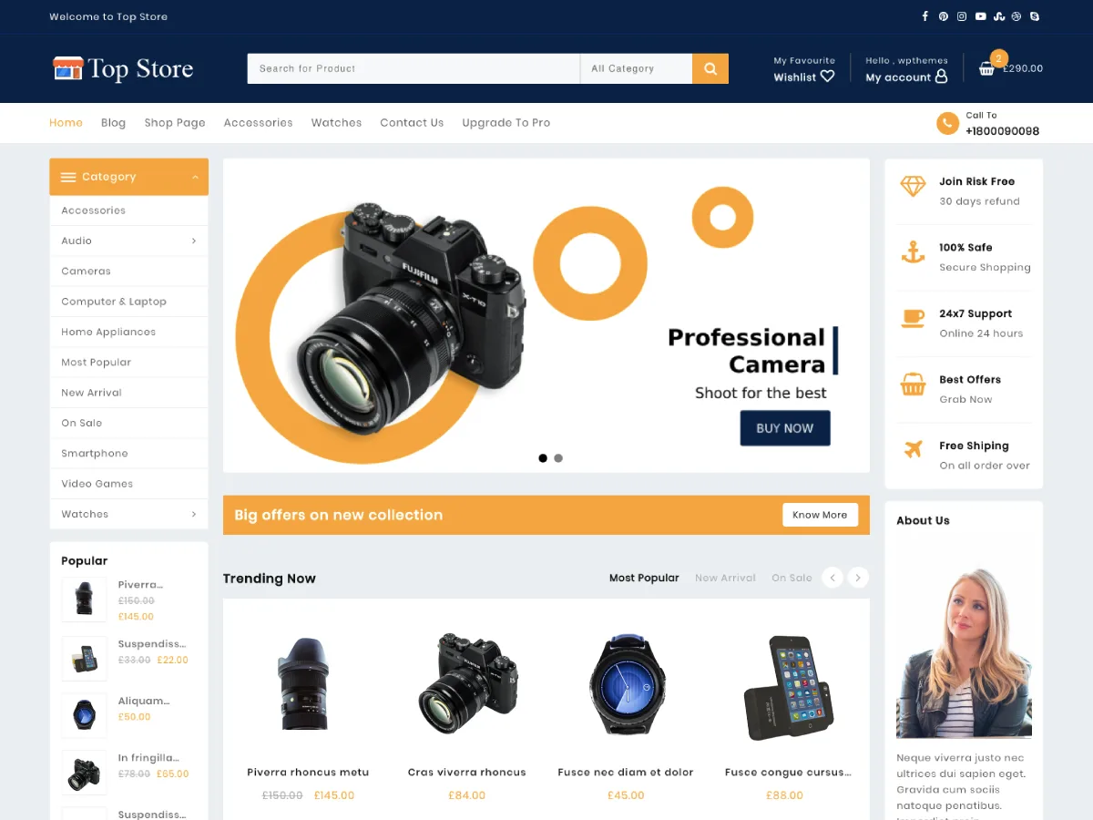 Top Store web sitesi teması ile oluşturulmuş örnek bir çevrimiçi mağaza görünümü