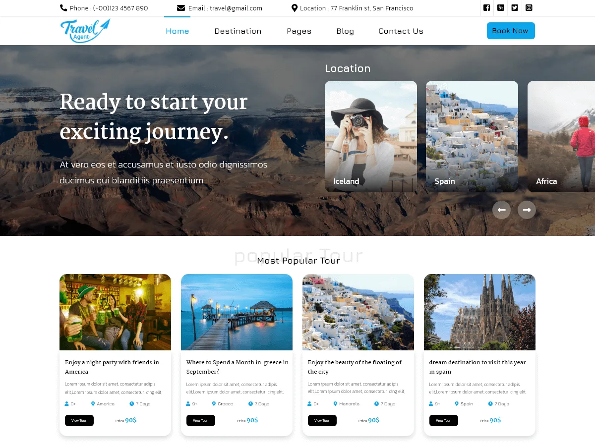 Tour Travel Agent web sitesi teması önizlemesi
